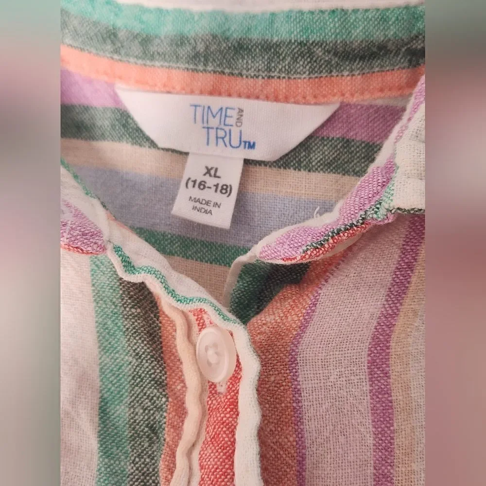 Time and True XL (16-18) Striped RolledShrtslv LINENBlend Buttons Up Women Shirt - Picture 3 of 9